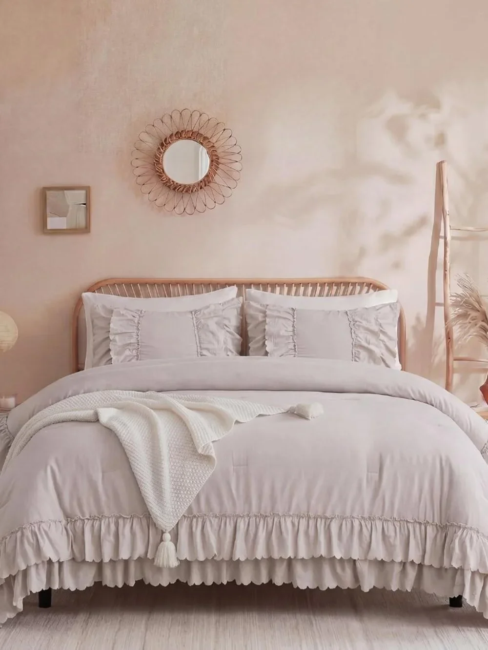 Beige Cotton Ruffle Comforter King Size,2 Layers Ruffles Boho Bedding Set,3 Pcs
